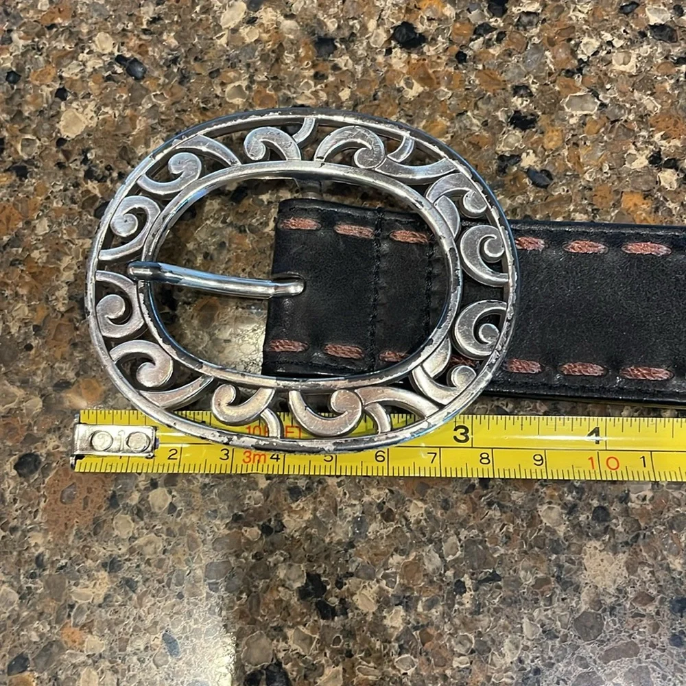 Brighton Strap Braided Leather Stitched Belt Silver Buckle Boho Western Size 34